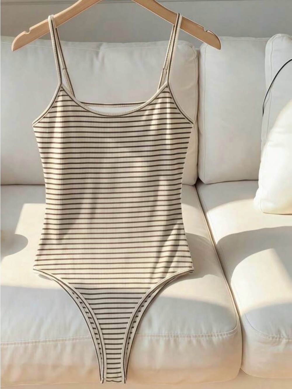 Women’s Striped Cream and Black Ribbed Bodysuit